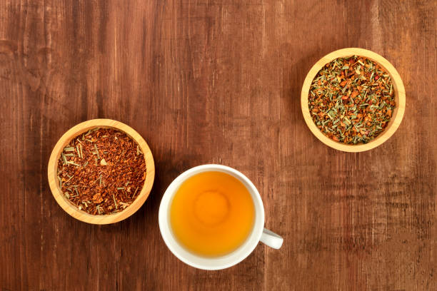 istock An overhead photo of tea, on a dark rustic background with copy space 1051065628