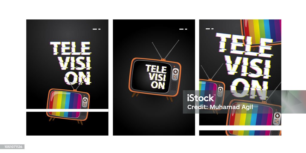 television poster set television poster set with glitch text and dark color Television Set stock vector