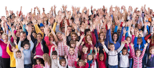 istock Large group of cheerful people with raised arms. 1051082114