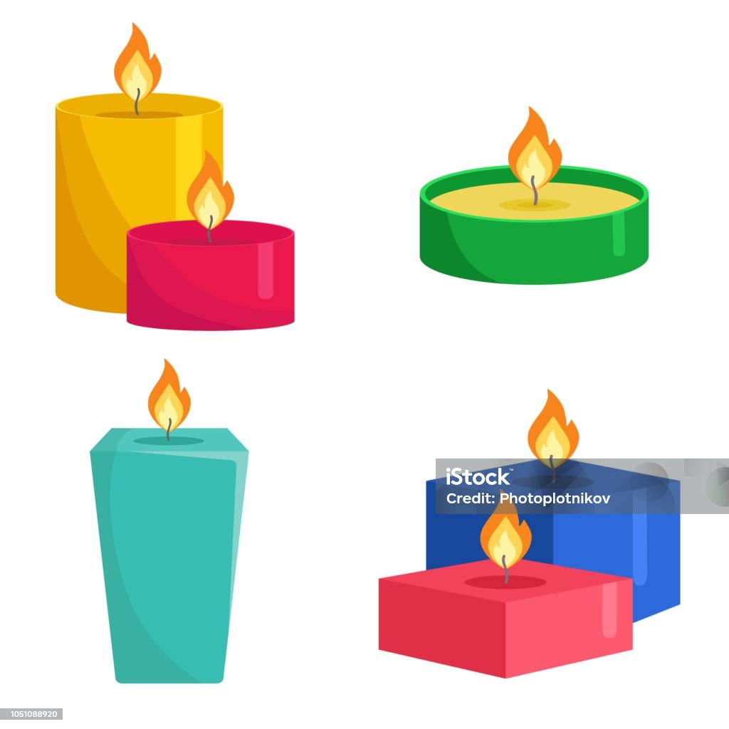 Set colorful candles isolated on white background. Aromatherapy burning candles with aromatic plant and essential oils for spa. Elements for new year, christmas cards and romantic. Vector illustration Anniversary stock vector
