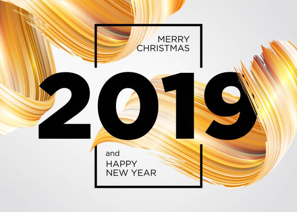 2019 메리 크리스마스와 행복 한 새 해 카드 디자인. 아크릴 페인트 디자인 요소 벡터 배경입니다. 골드 오일 브러시 획 텍스처입니다. 추상 액체 붓입니다. - black gold abstract spiral stock illustrations