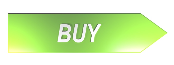 The write BUY in white letters on a green arrow pointing to the right, on white background - 3D rendering illustration