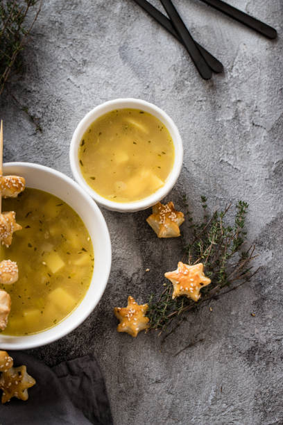Homemade soup with potatoes for christmas stock photo