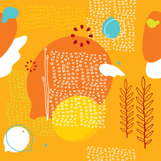 ilustrações de stock, clip art, desenhos animados e ícones de colorful orange seamless background pattern with lemons and abstract elements - orange background