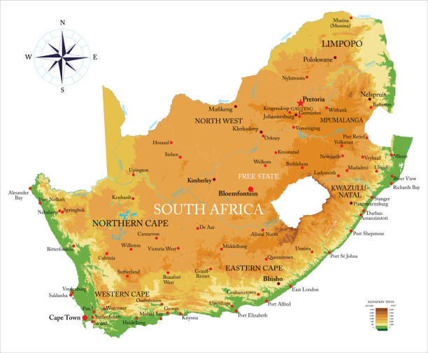 South Africa physical map Highly detailed physical map of the South Africa, in vector format,with all the relief forms,regions and big cities. south africa cape town stock illustrations