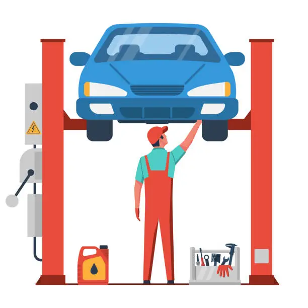 Vector illustration of Car repair service. Mechanic at work in garage
