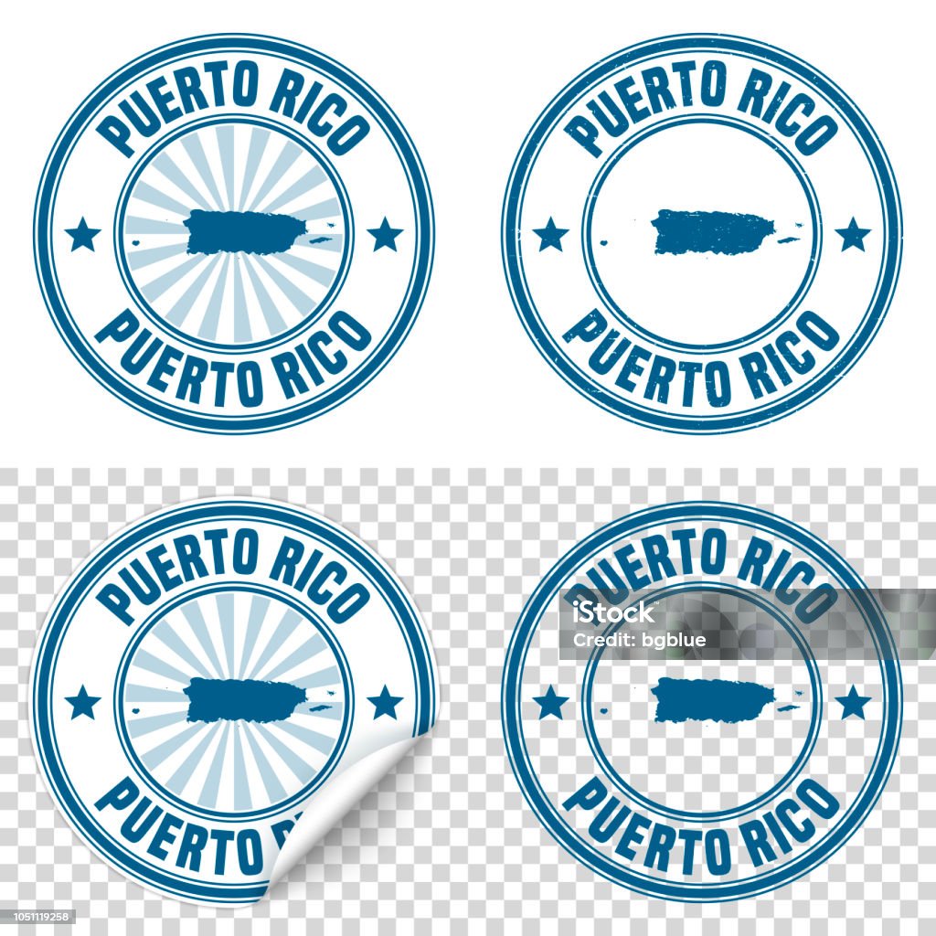 Puerto Rico - Blue sticker and stamp with name and map Map of Puerto Rico on a blue sticker and a blue rubber stamp. They are composed of the map in the middle with the names around, separated by stars. The stamp at the top right is created in a vintage style, a grunge texture is added to create a vintage and realistic effect. Vector Illustration (EPS10, well layered and grouped). Easy to edit, manipulate, resize or colorize. Please do not hesitate to contact me if you have any questions, or need to customise the illustration. http://www.istockphoto.com/portfolio/bgblue Puerto Rico stock vector