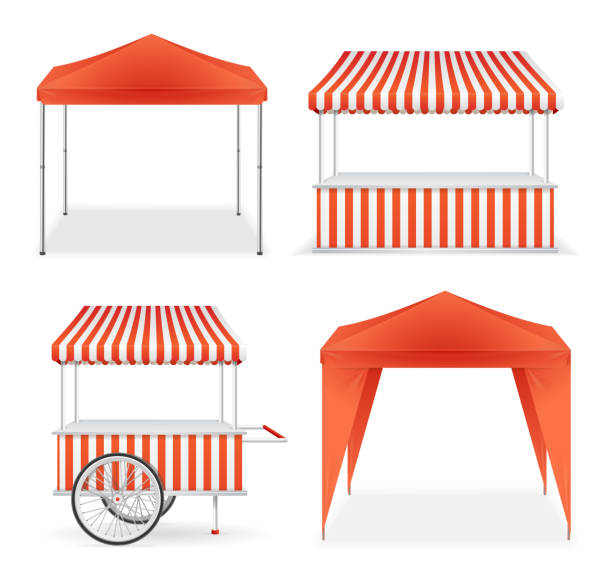 istock Realistic Detailed 3d Red and Striped Blank Market Stall Template Mockup Set. Vector 1051122774