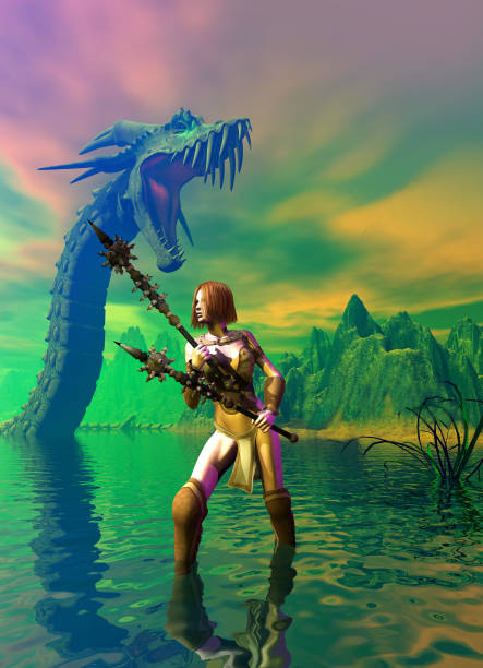 istock Amazon warrior exploring a lake, in the background a dragon and mountains, 3d illustration 1051127140