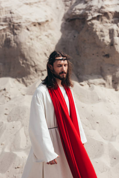 Handsome Jesus In Robe Red Sash And Crown Of Thorns Walking With