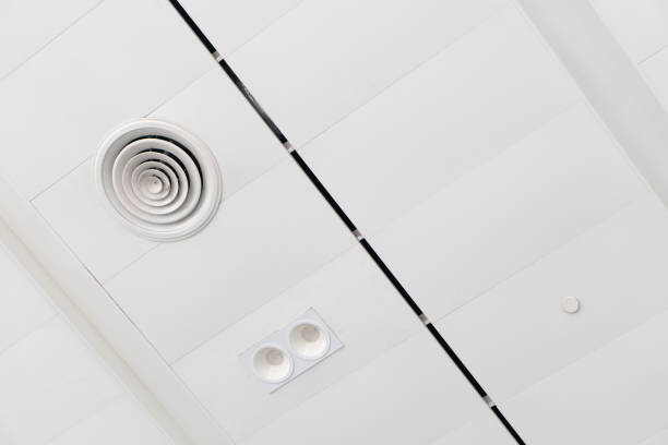 istock White ceiling with neon light bulbs in uprisen view.as background interior decoration concept with copy space for your text or design. 1051131776