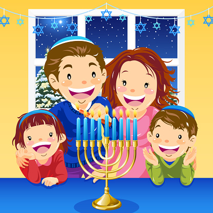 Judaism family with Hanukkah menorah.