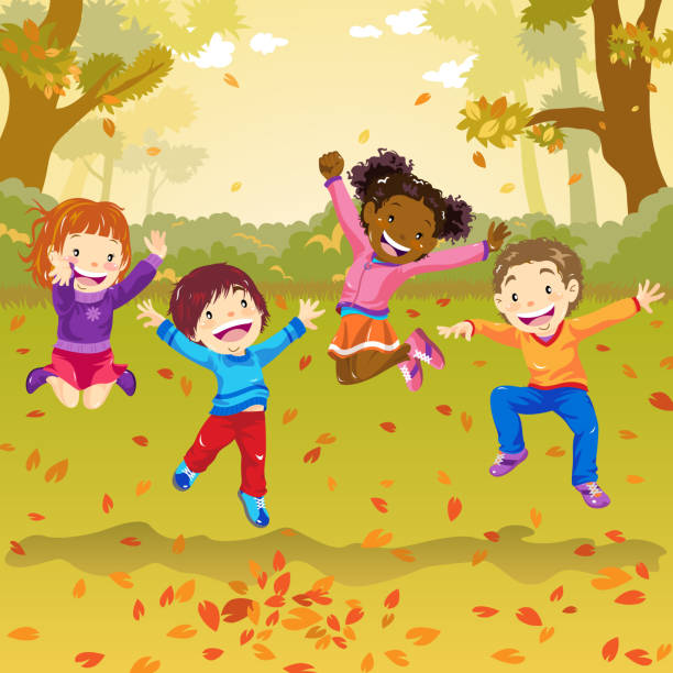 illustrations, cliparts, dessins animés et icônes de enfants sautant en automne - fun sport teenager laughing