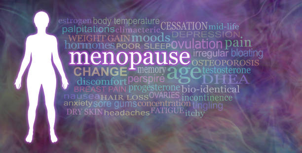 Words associated with the Menopause white female silhouette beside a Menopause word cloud on a multicoloured wispy  background estrogen photos stock pictures, royalty-free photos & images