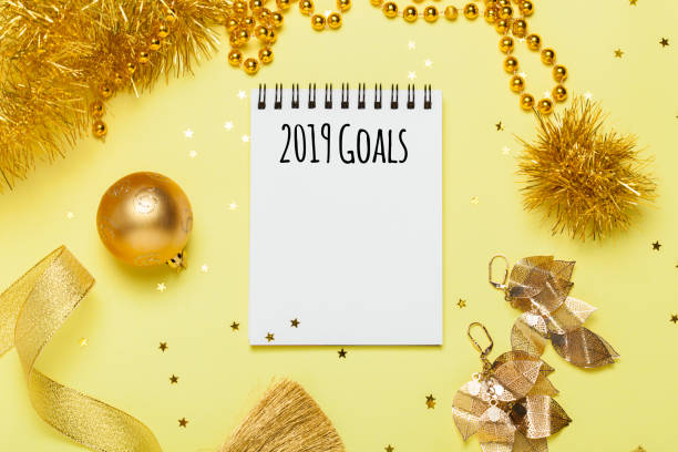 istock Golden Christmas flat lay with empty note book for your text. 1051139870
