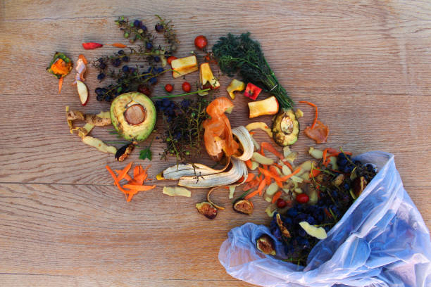 den hausmüll für kompost aus obst und gemüse in den müllsack auf dem tisch. - rotting banana vegetable fruit stock-fotos und bilder