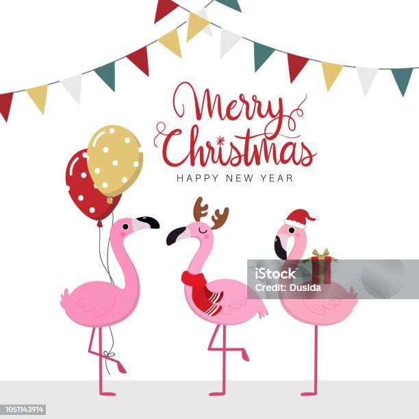 Joyeux Noël Et Bonne Année Carte De Voeux Avec Flamants Mignons Et Ballons Vacances De La Faune Animale Caricature Vecteur De Caractère Vecteurs libres de droits et plus d'images vectorielles de Flamant