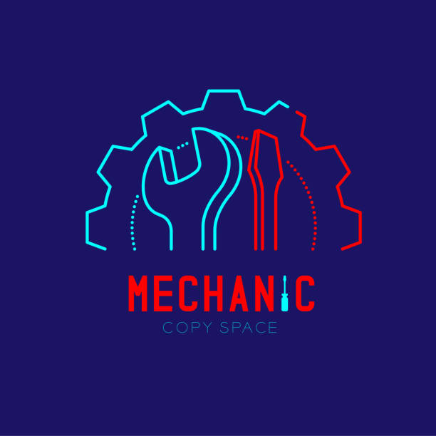 mechanik logo ikona, klucz i śrubokręt w ramce koła zębatego obrys obrysu ustawić kreskę projekt ilustracji izolowane na ciemnoniebieskim tle z tekstem mechanika i przestrzeni kopiowania, wektor eps 10 - screwdriver isolated blue work tool stock illustrations