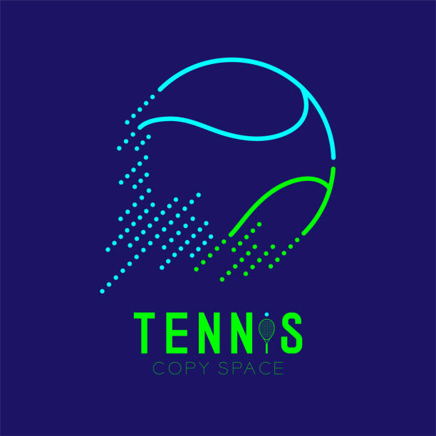 テニスボールのロゴ アイコン輪郭を急いで設定テニス テキストとコピー スペース、ベクトル eps 10 と暗い青色の背景に分離されたダッシュ線設計図 - テニス点のイラスト素材／クリップアート素材／マンガ素材／アイコン素材