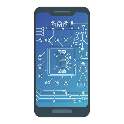 Bitcoin sign with computer chip on smartphone screen. Farm for the production of crypto currency, mining. Virtual money. Flat cartoon illustration.