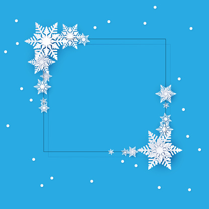 Blue square winter template with white beautiful snowflakes. Christmas and New Year decoration. Vector background.