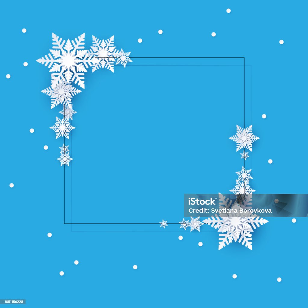 Blue winter background with snowflakes. Christmas decoration. Blue square winter template with white beautiful snowflakes. Christmas and New Year decoration. Vector background. Border - Frame stock vector