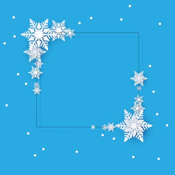 Blue winter background with snowflakes. Christmas decoration. Blue square winter template with white beautiful snowflakes. Christmas and New Year decoration. Vector background. snowflake shape borders stock illustrations