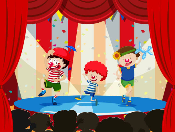 illustrazioni stock, clip art, cartoni animati e icone di tendenza di bambini che si esibiscono sul palco - curtain red color image clown