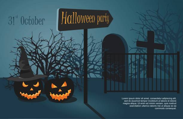 istock Halloween party on night cemetery. Two Scary pumpkin on cemetery background. 1051164940