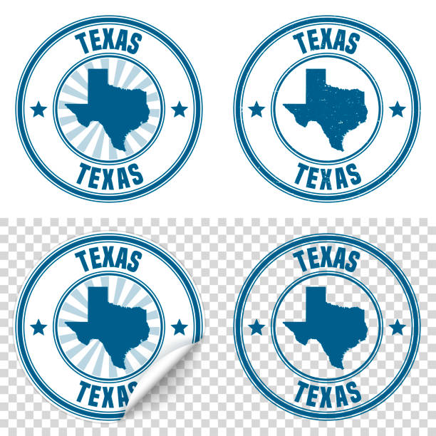 texas - mavi etiket ve damga adı ve harita - amerikanın eyalet sınırları illüstrasyonlar stock illustrations