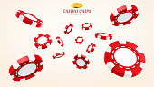 Red 3d casino chips or flying realistic tokens
