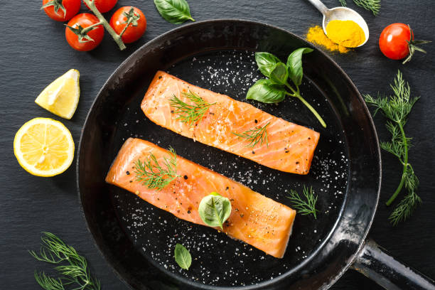istock Raw salmon fish on vintage pan 1051181362