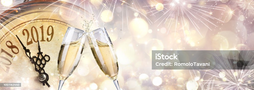 New Year 2019 - Toast With Champagne And Clock New Year's Eve Stock Photo