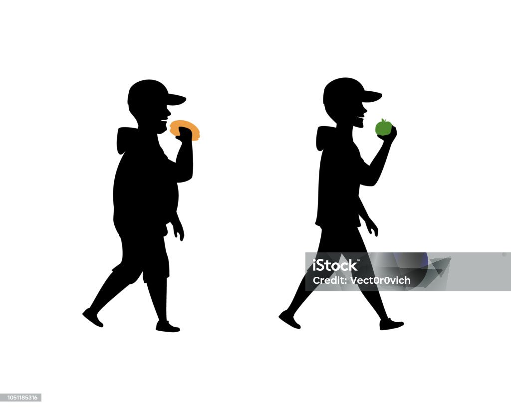 healthy and unhealthy eating habits, before and after male silhouette vector illustration Apple - Fruit stock vector