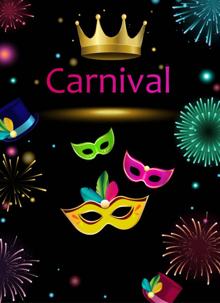 черный карнавальный фон с масками и фейерверками. - invitation national holiday design black stock illustrations