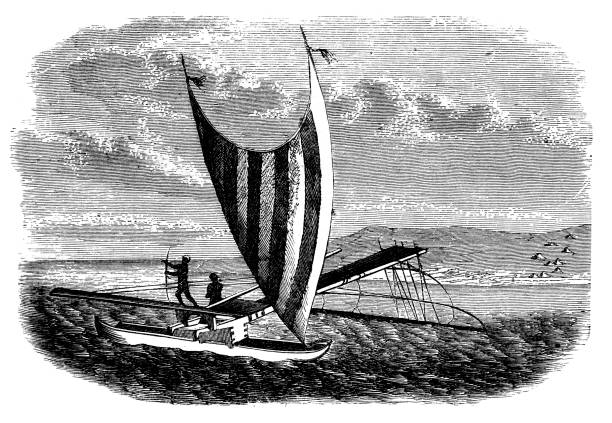 Illustration of a Boat with outrigger from the South Sea islands ,Pirogue, Santa Cruz