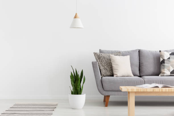 istock Patterned pillows on grey sofa in bright living room in spacious apartment, real photo 1051202992