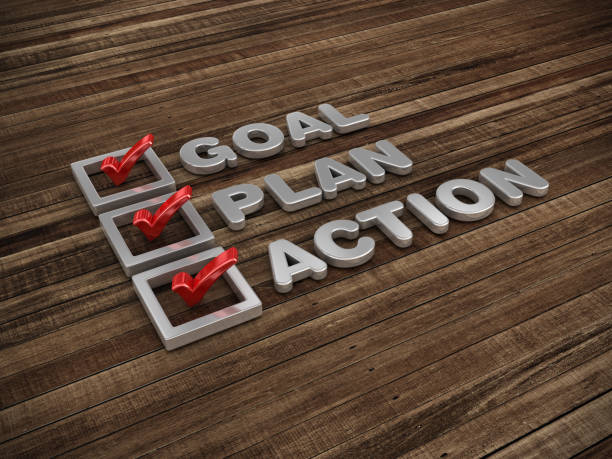 objectif plan action check-list sur plancher de bois - rendu 3d - conformity checklist business success photos et images de collection