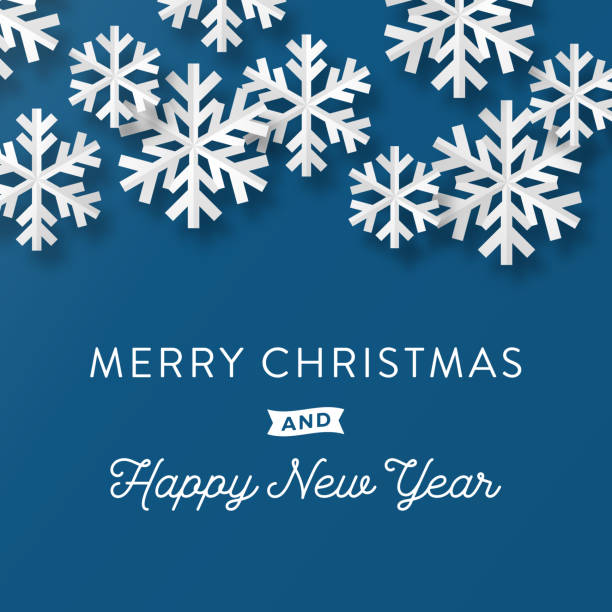 weihnachtskarte mit papier schneeflocken - snowflake winter blue paper stock-grafiken, -clipart, -cartoons und -symbole