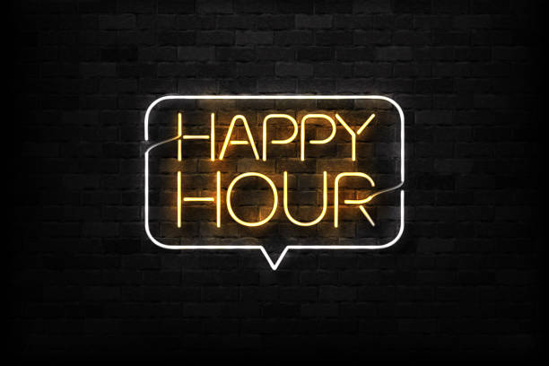 realistische vektor isoliert leuchtreklame der happy-hour-logo für dekoration und verkleidung auf der wand-hintergrund. konzept der night-club, kostenlose getränke, bar-theke und restaurant. - party hat cocktail time drink stock-grafiken, -clipart, -cartoons und -symbole