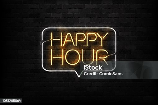 istock Vector realistic isolated neon sign of Happy Hour logo for decoration and covering on the wall background. Concept of night club, free drinks, bar counter and restaurant. 1051205864