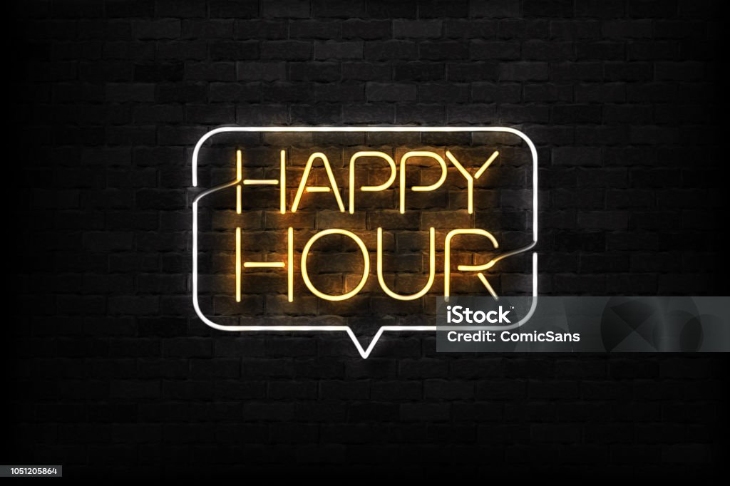 Vector realistic isolated neon sign of Happy Hour logo for decoration and covering on the wall background. Concept of night club, free drinks, bar counter and restaurant. Happy Hour stock vector