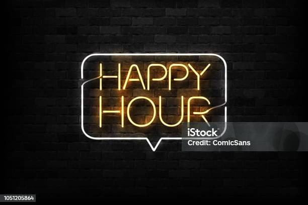 Vector Realistic Isolated Neon Sign Of Happy Hour Logo For Decoration And Covering On The Wall Background Concept Of Night Club Free Drinks Bar Counter And Restaurant Stock Illustration - Download Image Now