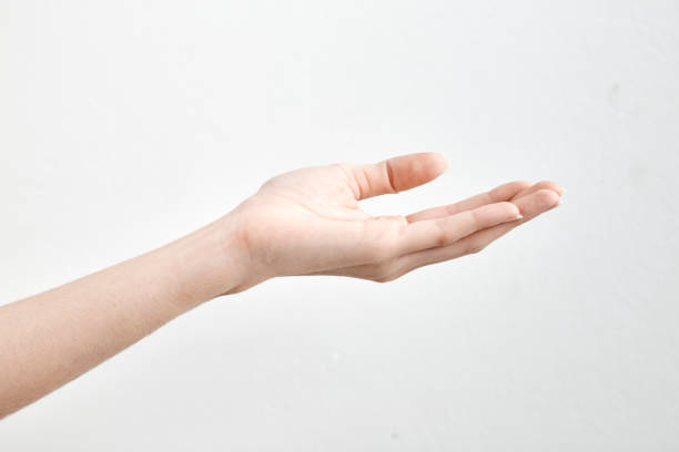 female hand on white wall background - hand sign index finger human finger human thumb imagens e fotografias de stock