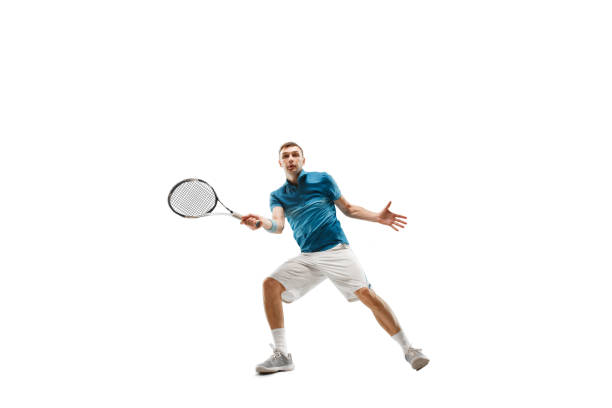 istock one caucasian man playing tennis player isolated on white background 1051215764