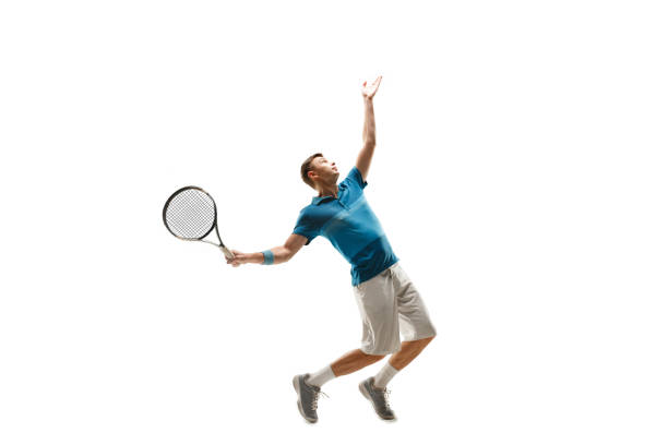 istock one caucasian man playing tennis player isolated on white background 1051215772