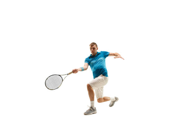 istock one caucasian man playing tennis player isolated on white background 1051215820