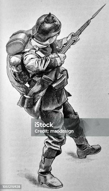 Prussian Soldier In Combat Posture With Shotgun 1888 Stock Illustration - Download Image Now