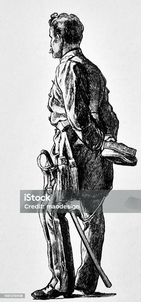 Portrait of a thoughtful Prussian soldier with a sabre and a cap in his hands - 1888 Army stock illustration