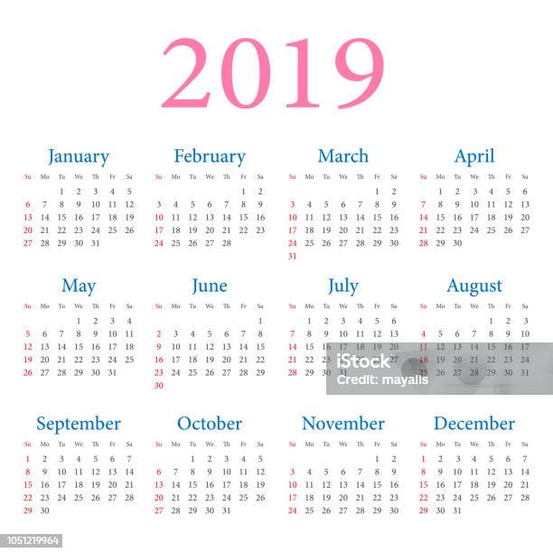 Simple Annual Calendar 2019 Stock Illustration - Download Image Now - Calendar, Month, Number 12